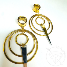 Load image into Gallery viewer, Wire Hoop and dagger Screw Back Plugs: Yellow Gold Dangle Tunnels 2G 0G 00G 1/2" 9/16" 5/8" 11/16" 3/4” 13/16" 7/8" 1"