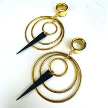Load image into Gallery viewer, Wire Hoop and dagger Screw Back Plugs: Yellow Gold Dangle Tunnels 2G 0G 00G 1/2" 9/16" 5/8" 11/16" 3/4” 13/16" 7/8" 1"