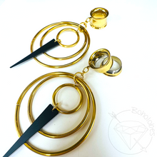 Load image into Gallery viewer, Wire Hoop and dagger Screw Back Plugs: Yellow Gold Dangle Tunnels 2G 0G 00G 1/2" 9/16" 5/8" 11/16" 3/4” 13/16" 7/8" 1"
