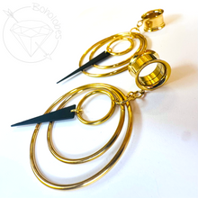 Load image into Gallery viewer, Wire Hoop and dagger Screw Back Plugs: Yellow Gold Dangle Tunnels 2G 0G 00G 1/2" 9/16" 5/8" 11/16" 3/4” 13/16" 7/8" 1"