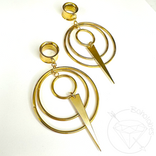 Load image into Gallery viewer, Wire Hoop and dagger Screw Back Plugs: Yellow Gold Dangle Tunnels 2G 0G 00G 1/2" 9/16" 5/8" 11/16" 3/4” 13/16" 7/8" 1"