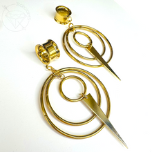 Load image into Gallery viewer, Wire Hoop and dagger Screw Back Plugs: Yellow Gold Dangle Tunnels 2G 0G 00G 1/2" 9/16" 5/8" 11/16" 3/4” 13/16" 7/8" 1"