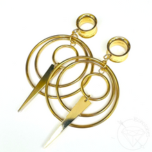 Load image into Gallery viewer, Wire Hoop and dagger Screw Back Plugs: Yellow Gold Dangle Tunnels 2G 0G 00G 1/2" 9/16" 5/8" 11/16" 3/4” 13/16" 7/8" 1"
