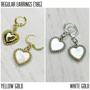 Heart stainless steel yellow gold or white gold toned shell drop dangle plugs: 2g 0g 00g 1/2" 9/16" 5/8" 18mm 20mm 22mm 25mm