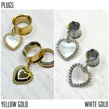 Load image into Gallery viewer, Heart stainless steel yellow gold or white gold toned shell drop dangle plugs: 2g 0g 00g 1/2&quot; 9/16&quot; 5/8&quot; 18mm 20mm 22mm 25mm