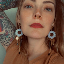 Load image into Gallery viewer, Celestial Dangle Plugs – Lavender mandala lotus Sun Halo, Black Crystal, Gothic Boho Earrings