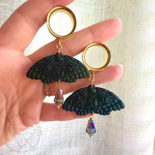Load image into Gallery viewer, Black Moth Rose Skull Dangle Plugs: Goth Crystal Tunnels 2G 0G 00G 1/2" 9/16" 5/8" 11/16" 3/4” 13/16" 7/8" 1"