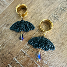 Load image into Gallery viewer, Black Moth Rose Skull Dangle Plugs: Goth Crystal Tunnels 2G 0G 00G 1/2" 9/16" 5/8" 11/16" 3/4” 13/16" 7/8" 1"