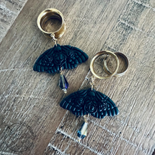 Load image into Gallery viewer, Black Moth Rose Skull Dangle Plugs: Goth Crystal Tunnels 2G 0G 00G 1/2" 9/16" 5/8" 11/16" 3/4” 13/16" 7/8" 1"