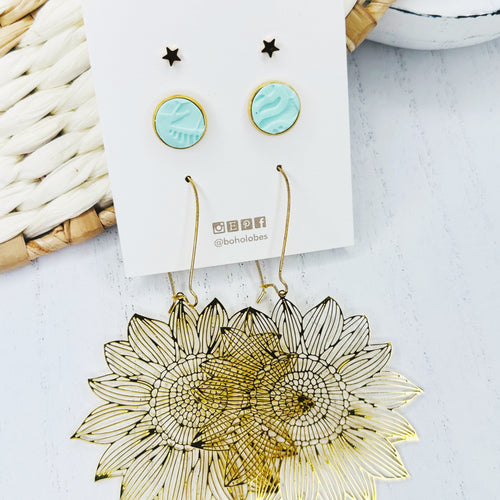 Sunflower / star gold mint green stud pack combo earring bundle