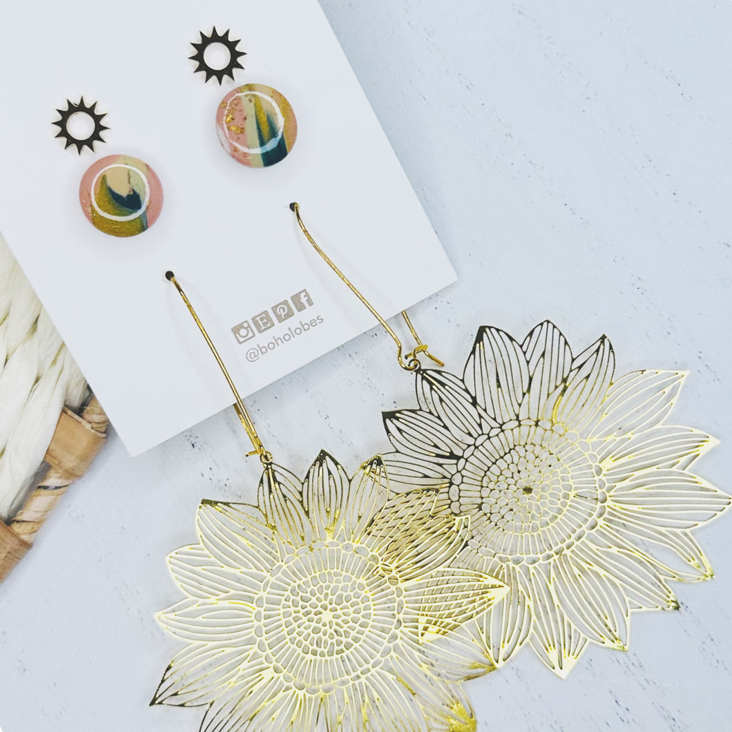 Sunflower / sun gold and pink stud pack combo trio earring bundle