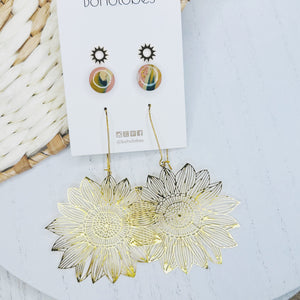 Sunflower / sun gold and pink stud pack combo trio earring bundle