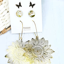 Load image into Gallery viewer, Sunflower / butterfly sage green gold stud pack combo trio earring bundle