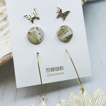 Load image into Gallery viewer, Sunflower / butterfly sage green gold stud pack combo trio earring bundle