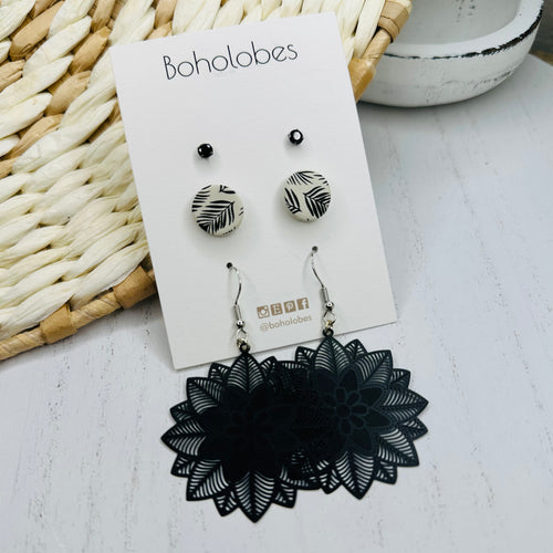 Daisy / lotus black stud pack combo trio earring bundle