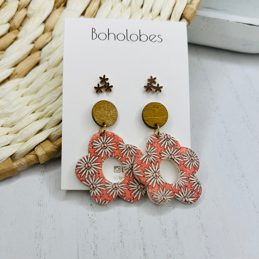 Daisy peace sign hippie earrings wooden post duo pack – Boholobes