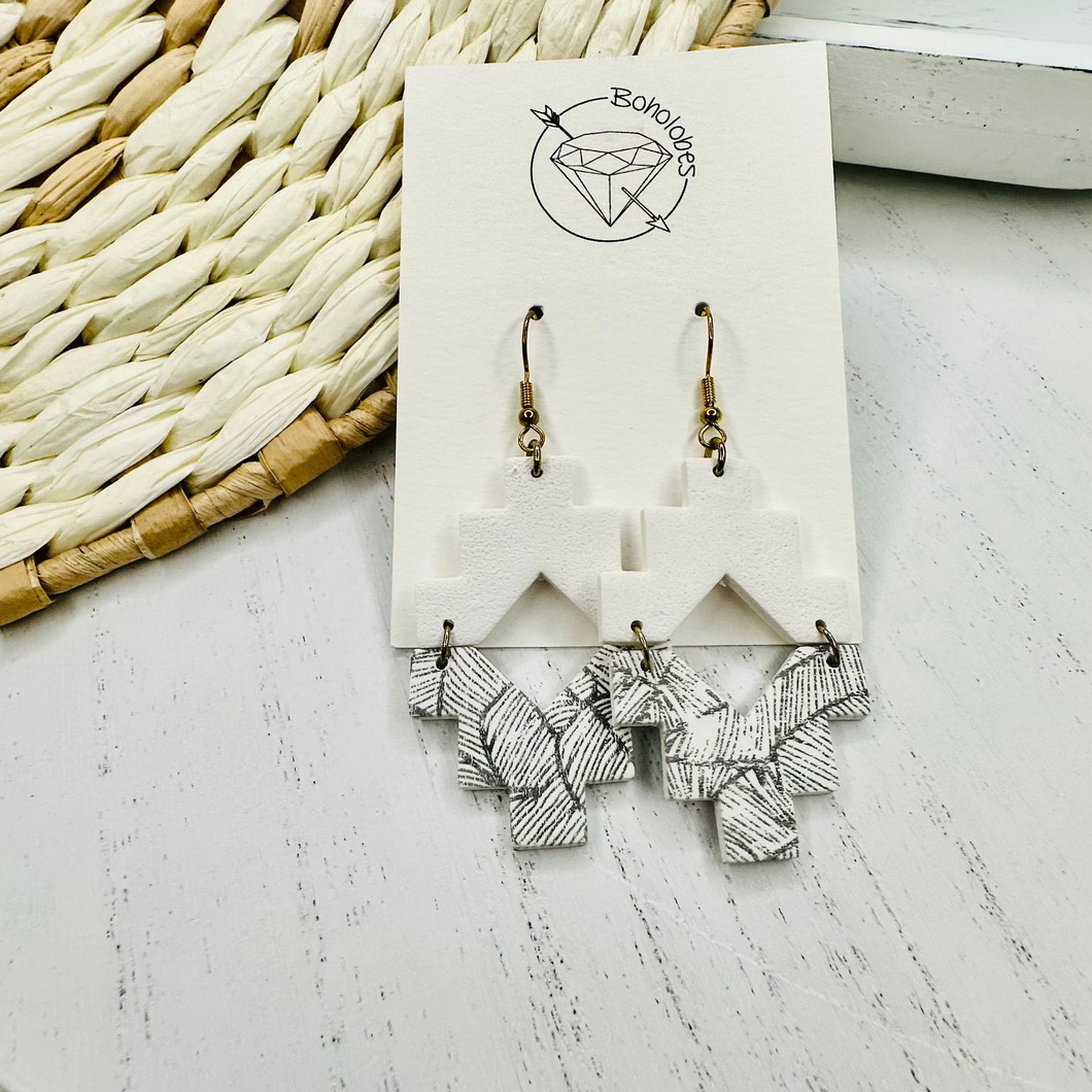 White tribal aztec clay dangle earrings