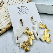 Load image into Gallery viewer, White and gold flake tribal aztec clay dangle earrings