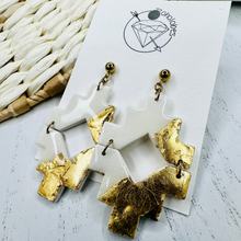 Load image into Gallery viewer, White and gold flake tribal aztec clay dangle earrings