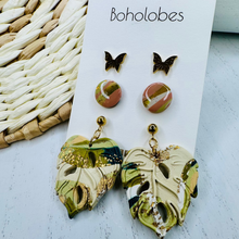 Load image into Gallery viewer, Monstera leaf mint gold and pink butterfly bee stud pack combo trio earring bundle