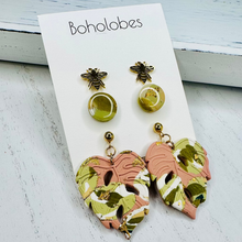 Load image into Gallery viewer, Monstera leaf mint gold and pink butterfly bee stud pack combo trio earring bundle