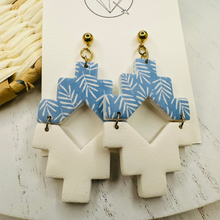 Load image into Gallery viewer, Blue willow tribal aztec clay dangle earrings