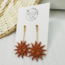 Load image into Gallery viewer, Terracotta sun gold dangle earrings