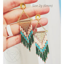 Load image into Gallery viewer, Wood tunnel Hand beaded fringe bohemian tassel tribal dangle plugs gauges 2g, 0g, 1/2&quot;