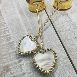 Heart dangle stainless steel yellow gold or white gold toned shell drop plugs: 2g 0g 00g 1/2" 9/16" 5/8" 18mm 20mm 22mm 25mm