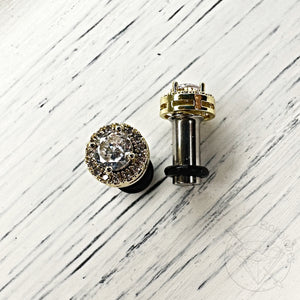 Crystal plugs round CZ halo stud white gold silver wedding plugs for gauged or stretched ears: Sizes 8g 6g 4g 2g 1g 0g