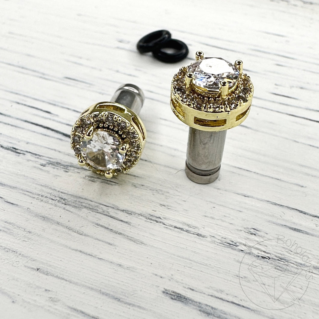 Crystal plugs round CZ halo stud white gold silver wedding plugs for gauged or stretched ears: Sizes 8g 6g 4g 2g 1g 0g