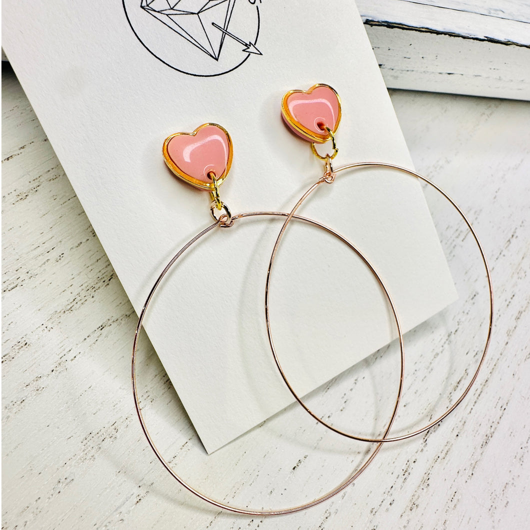 Gold and pink heart hoop earrings