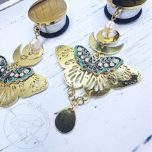 Load image into Gallery viewer, Gold witchy moth crescent drop dangle plugs: 2g 0g 00g 1/2&quot; 9/16&quot; 5/8&quot; 18mm 20mm 22mm 25mm