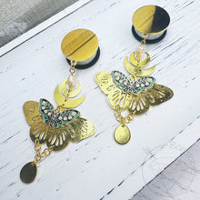 Load image into Gallery viewer, Gold witchy moth crescent drop dangle plugs: 2g 0g 00g 1/2&quot; 9/16&quot; 5/8&quot; 18mm 20mm 22mm 25mm