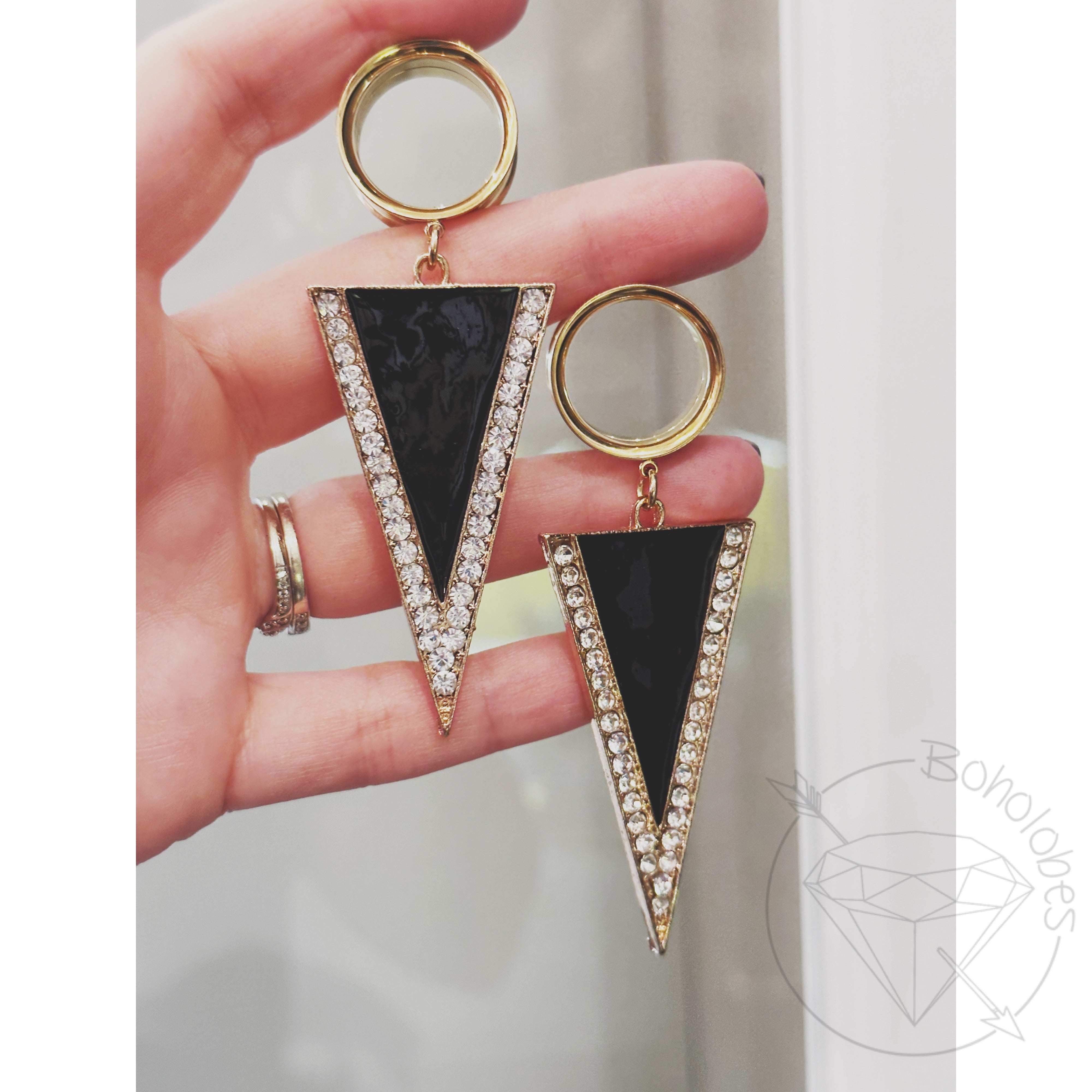 Modern gold geo dagger black and white rhinestone plugs gauges tunnels 2g 1g 0g 00g 7/16" 1/2 9/16" 5/8" 3/4" 7/8" 1"