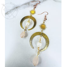 Load image into Gallery viewer, Two toned gold celestial crescent moon crystal grey Tahitian pearl drop dangle plugs: 2g 0g 00g 5/8&quot;
