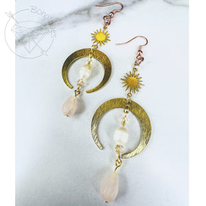 Two toned gold celestial crescent moon crystal grey Tahitian pearl drop dangle plugs: 2g 0g 00g 5/8"