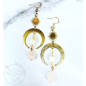 Two toned gold celestial crescent moon crystal grey Tahitian pearl drop dangle plugs: 2g 0g 00g 5/8"