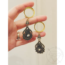 Load image into Gallery viewer, Renaissance lotus gray rhinestone yellow gold toned drop dangle plugs: 2g 0g 00g 1/2&quot; 9/16&quot; 5/8&quot; 18mm 20mm 22mm 25mm