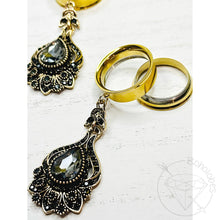 Load image into Gallery viewer, Renaissance lotus gray rhinestone yellow gold toned drop dangle plugs: 2g 0g 00g 1/2&quot; 9/16&quot; 5/8&quot; 18mm 20mm 22mm 25mm