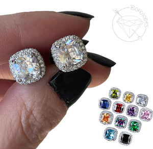 Crystal plugs Square CZ halo stud white gold silver wedding plugs for gauged or stretched ears: Sizes 6g 4g 2g 1g 0g 4mm 5mm 6mm 7mm 8mm