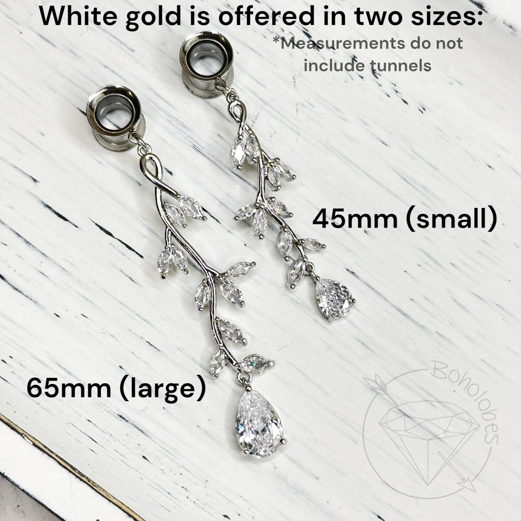 Rose gold stainless steel floral filigree rhinestone vine drop rhinestone dangle plugs: 2g 0g 00g 1/2