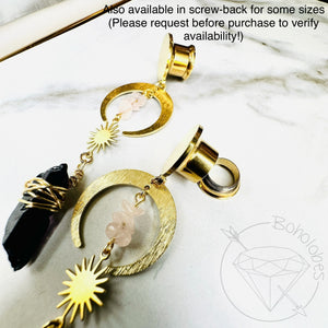 Bohemian crescent moon quartz gold single flare plugs gauges tunnels 8g - 1"