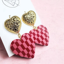 Load image into Gallery viewer, Gold and pink chunky tiered checkered heart dangle earrings