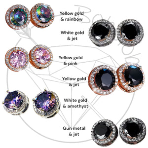 Black / amethyst / pink / clear gold crystal plugs round CZ halo stud white gold silver wedding plugs for gauged or stretched ears: Sizes 8g 6g 4g 2g 1g 0g