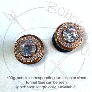 Crystal plugs round CZ halo stud white gold silver wedding plugs for gauged or stretched ears: Sizes 8g 6g 4g 2g 1g 0g 00g