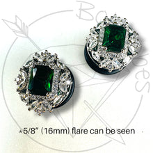 Load image into Gallery viewer, Art deco rhinestone emerald steel formal plugs gauges 4g 2g 1g 0g 11/32&quot; 00g 7/16&quot; 1/2” 9/16”