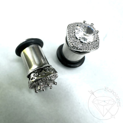White gold plugs Square CZ halo stud wedding plugs for gauged or stretched ears: Size 0g 8mm
