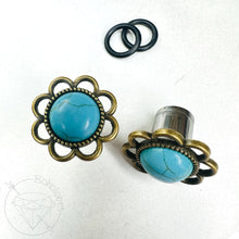 Load image into Gallery viewer, Blue turquoise flower plugs gauges: 14g 12g 10g 8g 6g 4mm 4g 5mm 2g 6mm 1g 7mm 0g 8mm 11/32&quot; 9mm 00g 10mm 7/16&quot; 11mm