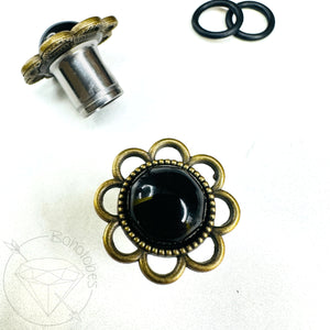 Black agate flower plugs gauges: 14g 12g 10g 8g 6g 4mm 4g 5mm 2g 6mm 1g 7mm 0g 8mm 11/32" 9mm 00g 10mm 7/16" 11mm